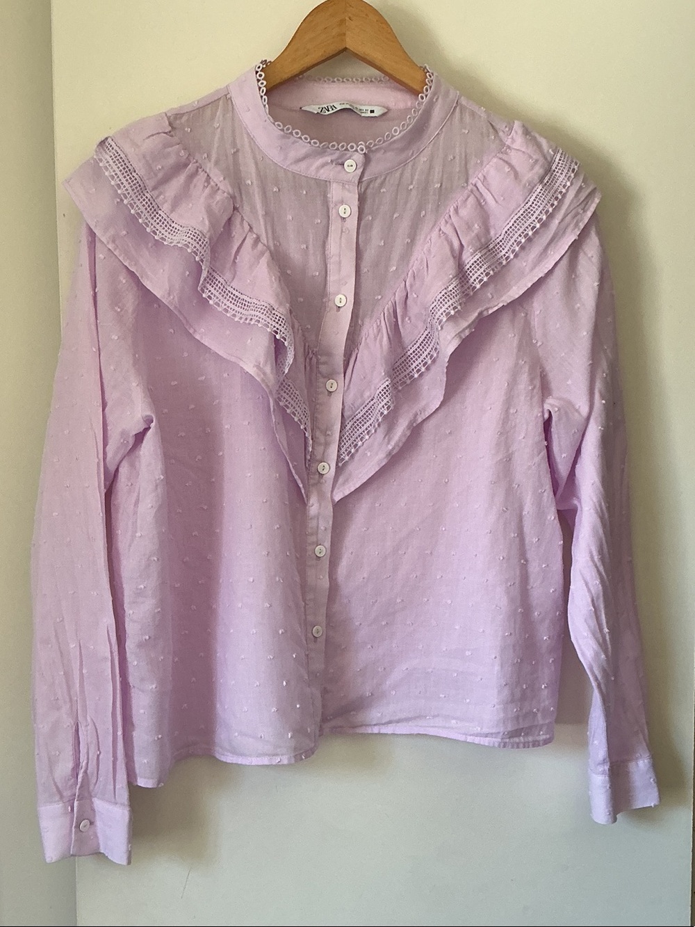 Zara Light Lavender Ruffle Dot Button-Down Blouse